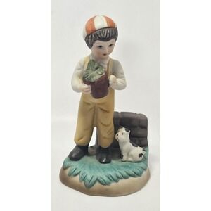 Vintage Figurine Porcelain Boy & Dog With Potted Plant Very Good Condition